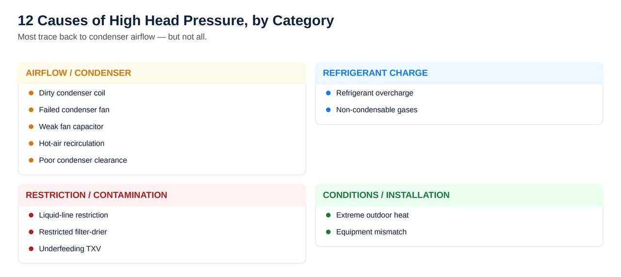 12 causes of high head pressure grouped by category