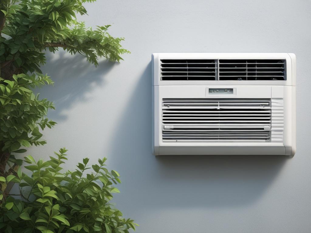 A close-up shot of a modern high-efficiency air conditioner unit, set against a clear blue sky and lush greenery. The air conditioner should be the only subject in the image, showcasing its sleek design and advanced technology. The background should be simple and uncluttered to emphasize the product, captured with a 45mm f/1.2 lens for a hyper-realistic effect.