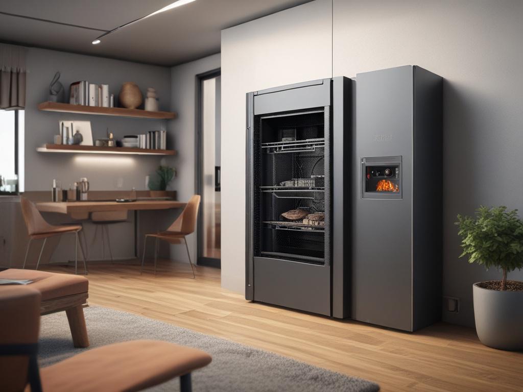 A hyper-realistic close-up shot of a state-of-the-art energy-efficient furnace, highlighting its modern design and intricate details. The background should be a clean, neutral space, focusing solely on the furnace to showcase its features, captured with a 45mm f/1.2 lens.