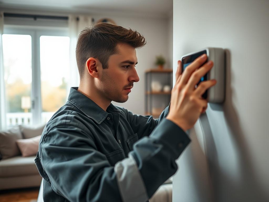 A close-up shot of a professional HVAC technician adjusting a modern thermostat in a home setting. The technician is focused and wearing a uniform, showcasing expertise and reliability. The background features a well-lit living room with comfortable furniture and a clear view of a window, emphasizing a cozy home environment. The image should be rendered in hyper-realistic quality with a focus on details and colors that complement the primary color rgb(2, 86, 197).
