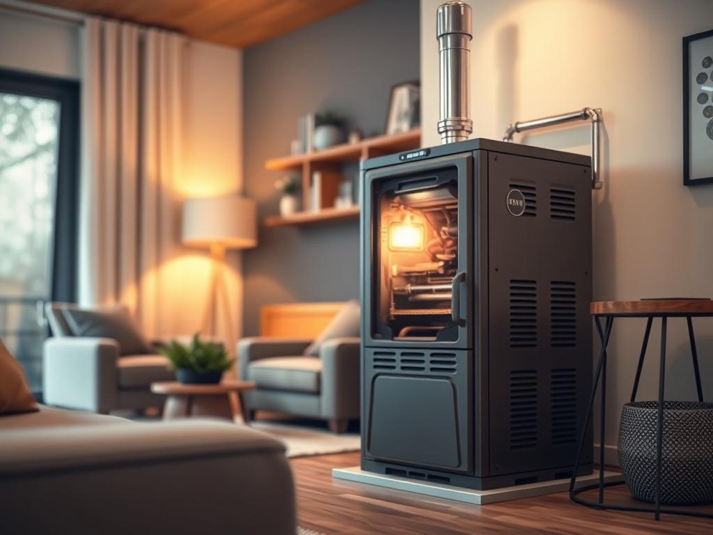 An energy-efficient furnace displayed in a modern home environment. The image should focus on the furnace, highlighting its detailed design and features, with the background showing a cozy living room setting. The shot should be taken with a 45mm f/1.2 lens for a hyper-realistic effect.