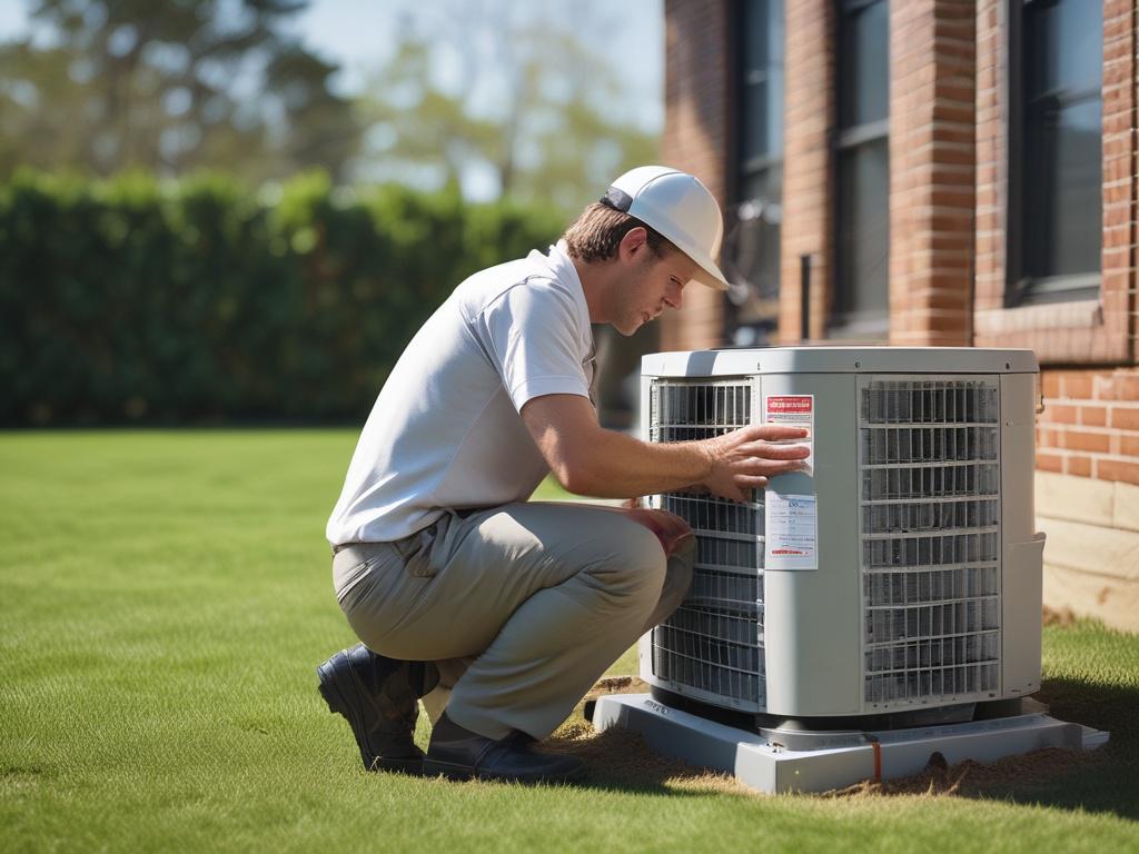 A close-up shot of a professional HVAC technician in a uniform installing a new air conditioning unit in a residential backyard in Augusta Pines. The technician is focused on the installation process, with tools in hand, surrounded by a clear blue sky and a well-maintained garden in the background. The composition should be simple and clear, emphasizing the technician and the AC unit. The image should reflect a sense of professionalism and high-quality service, with vibrant colors that align with the rgb(2,