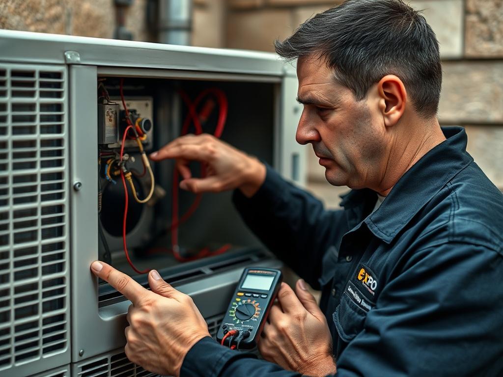 **AI Image Generation Prompt:**
Create a realistic, high-resolution close-up photograph that embodies the theme of HVAC diagnosis for homeowners in the Spring, TX 77386 area. 
**Composition Details:**
- Focus on a single subject: an HVAC technician in action. The technician, a middle-aged professional with short dark hair and wearing a branded Expo Heating & Cooling uniform, should be depicted examining an AC unit.
- The technician's expression should convey focus and expertise, as he carefully inspects t