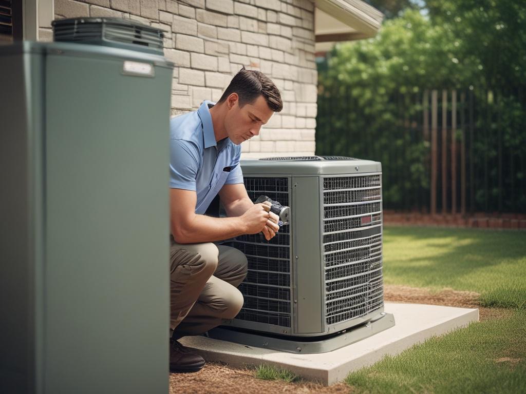 A close-up shot of a technician inspecting an air conditioning unit in a residential backyard in Forest Ridge, Spring TX. The technician, wearing a branded uniform, is focused on checking the unit's components, with tools in hand. The background showcases a typical suburban home with lush greenery, emphasizing a warm, sunny day. The image should be hyper-realistic, capturing details such as the technician's concentration and the texture of the AC unit, with a focus on the primary color rgb(2, 86, 197).