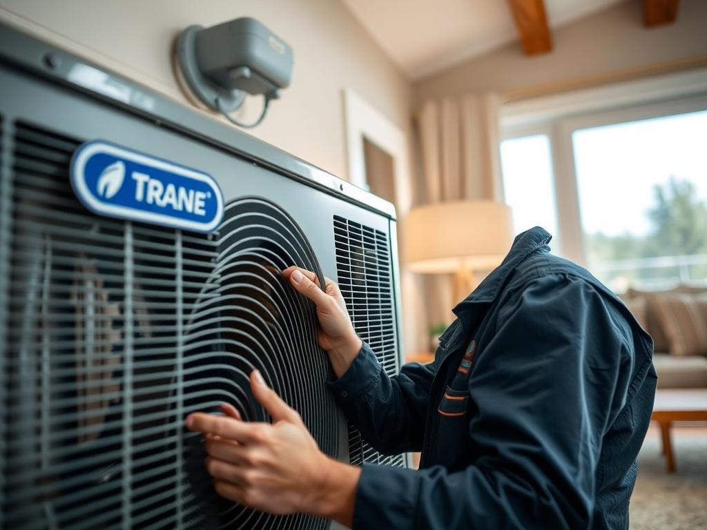 A close-up shot of a professional HVAC technician working on a Trane air conditioning unit, focused on the intricate details of the system. The background is a well-lit, modern residential setting, showcasing a comfortable home environment. The image is hyper-realistic, captured with a 45mm f/1.2 lens style, emphasizing the technician's expertise and attention to detail.