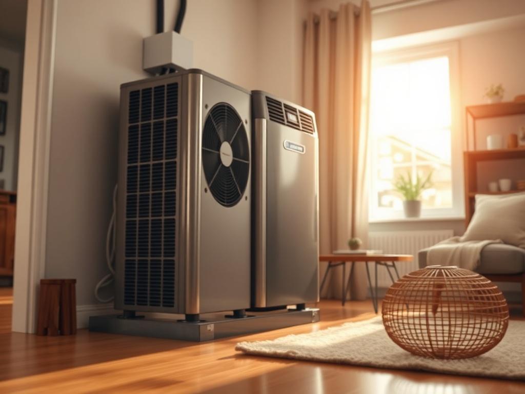 Create a realistic high-resolution photo that embodies the theme of "Affordable HVAC Solutions." The composition should feature a single subject: a modern, energy-efficient HVAC unit prominently displayed in a friendly, residential setting. The HVAC unit should be sleek and well-designed, showcasing its features clearly to convey affordability and quality. 

For the background, depict a warm, inviting home interior with soft natural light streaming through a window. The room should include warm-toned wooden