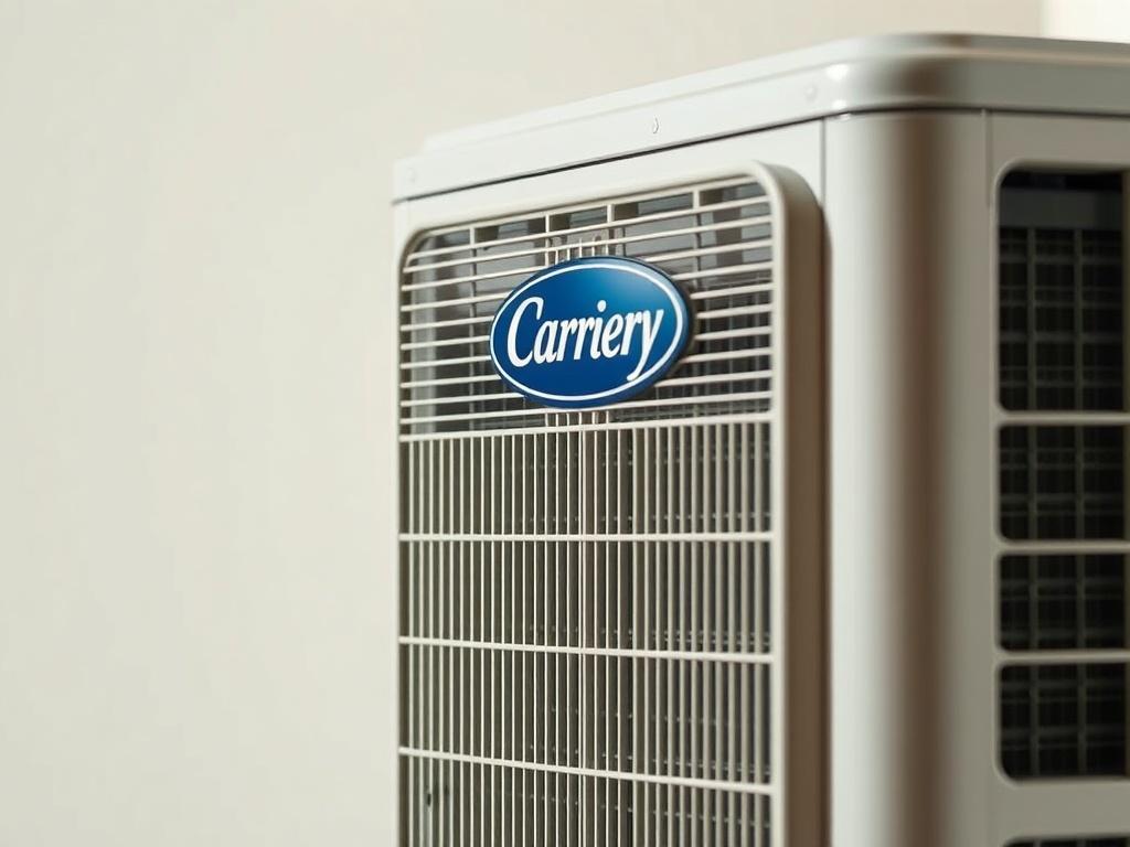 A hyper-realistic close-up of a Carrier air conditioner unit, highlighting its modern design and efficiency features. The background should be simple and clean, focusing solely on the product while ensuring compatibility with the rgb(2, 86, 197) primary color.