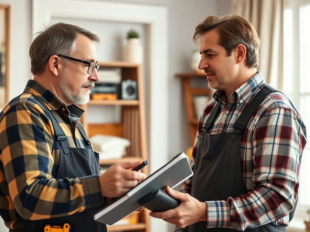 A close-up shot of a professional conducting an energy efficiency consultation in a home setting, featuring tools and equipment. The image should focus on the interaction between the consultant and homeowner, ensuring a hyper-realistic appearance and compatibility with the rgb(2, 86, 197) primary color.