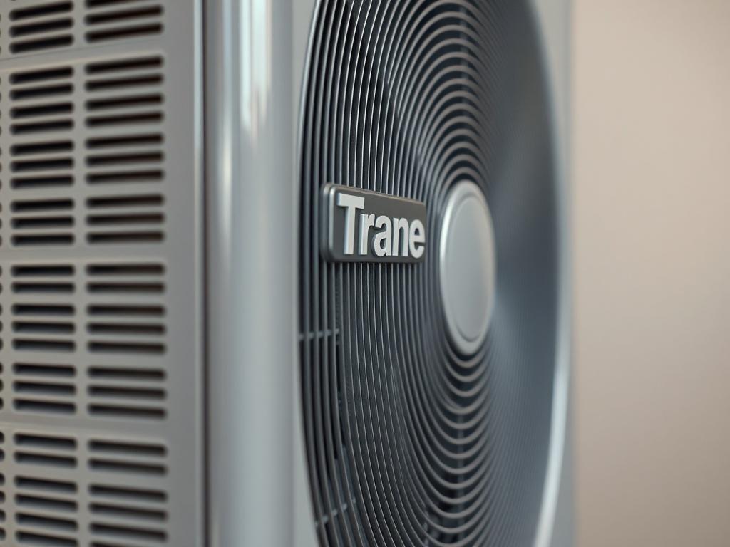 A close-up shot of a Trane HVAC system, showcasing its sleek design and high-quality features, with a simple, uncluttered background to emphasize the product. The image should be hyper-realistic, capturing details like the logo and control panel, and compatible with the rgb(2, 86, 197) primary color.