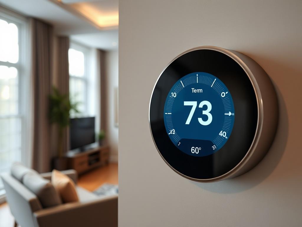 A hyper-realistic image of a modern smart thermostat mounted on a wall in a stylish living room. The focus should be on the thermostat's interface displaying temperature settings, with a blurred background of a cozy and elegantly furnished room. The lighting should highlight the sleek design and functionality of the device.