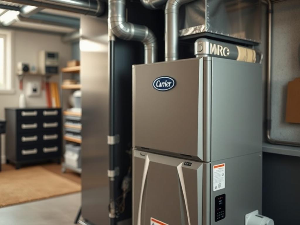 A hyper-realistic image of a Carrier furnace installed in a modern basement setting. The focus highlights the furnace's sleek design and control panel, with a blurred background of a neatly organized utility space. The lighting should emphasize the furnace's features in a contemporary environment.