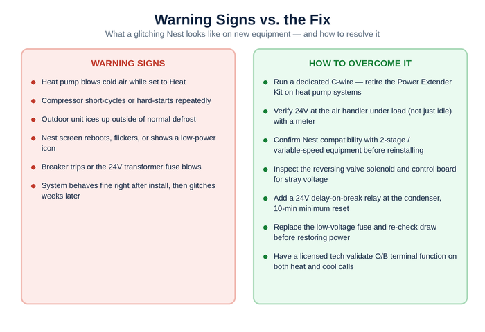 Side-by-side panel of warning signs of a Nest 24V glitch versus the fix for each