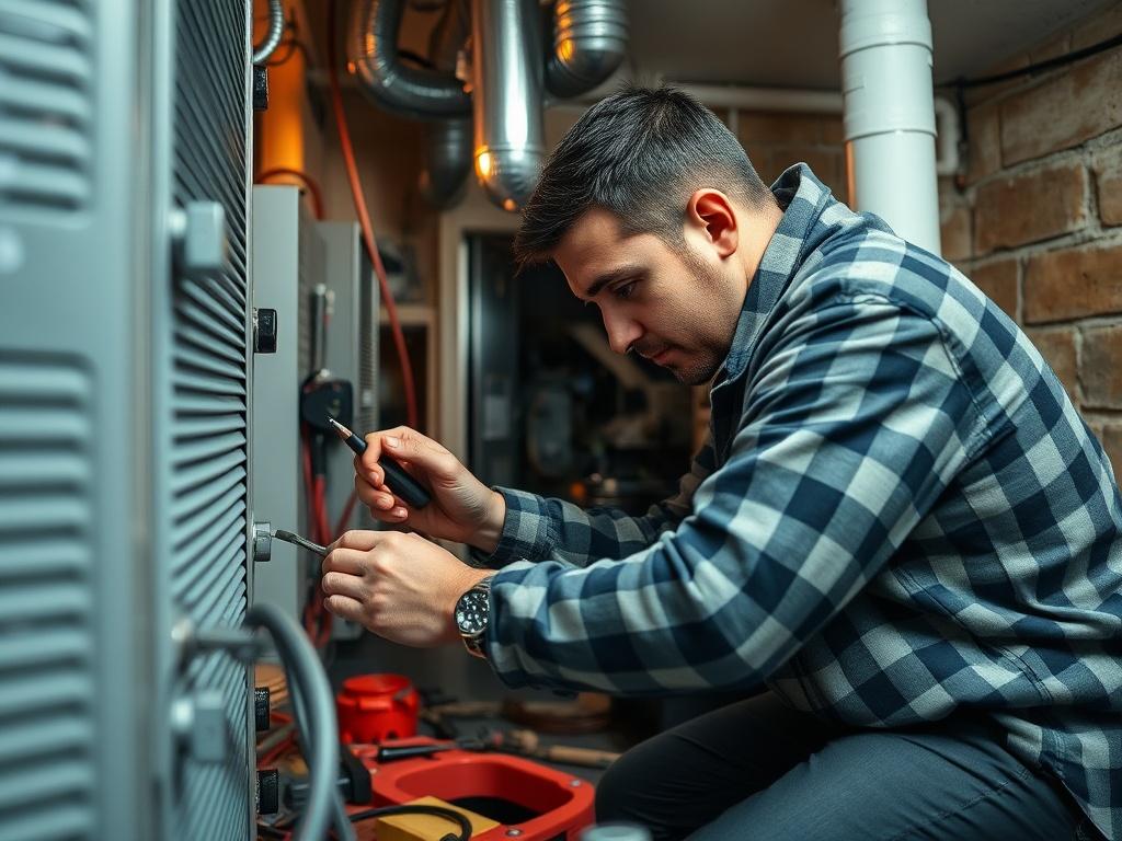 A close-up shot of a technician repairing a heating unit in a residential basement. The image should capture the technician in action, showing their expertise and focus, with tools and parts surrounding them. The background should be slightly blurred, emphasizing the technician and the heating unit, while integrating the rgb(2, 86, 197) primary color in the tools or equipment.