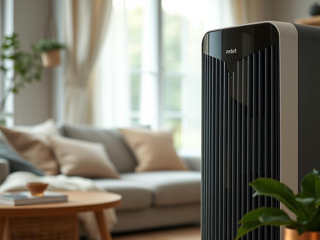 A close-up shot of an air purifier in a cozy living room setting. The image should highlight the sleek design and features of the air purifier, with a soft-focus background showing a comfortable and inviting room. The composition should focus on the air purifier, demonstrating its effectiveness in enhancing the living space, while incorporating the rgb(2, 86, 197) primary color subtly in the decor.