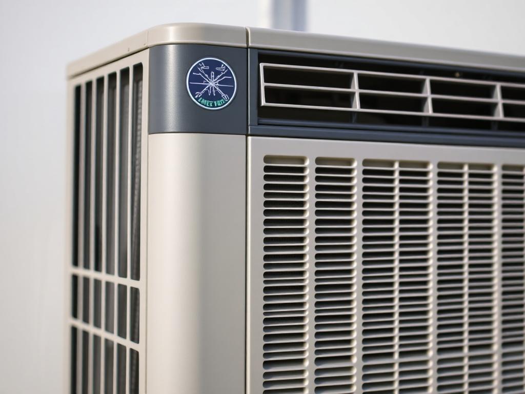 A realistic, high-resolution close-up of the Sterling Ridge The Woodlands 77382 High-Efficiency Air Conditioner. The image should showcase the sleek design of the air conditioning unit, highlighting its energy-efficient features. The background should be simple and clear, emphasizing the unit itself without distractions. The shot should use a 45mm f/1.2 lens style to create a shallow depth of field, focusing on the unit while softly blurring the background.
