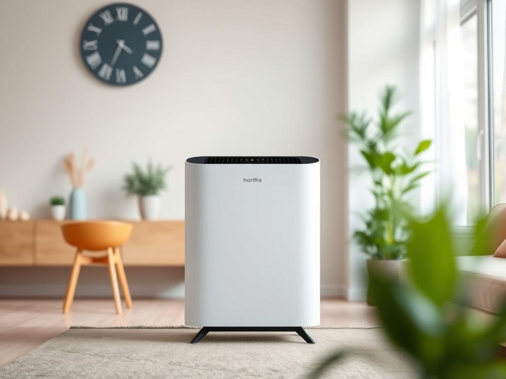 A sleek air purifier placed in a modern home setting, showcasing its elegant design and functionality. The focus should be on the unit, with a clean background that emphasizes a healthy living environment. Use a hyper-realistic rendering style, with soft lighting to create a calming atmosphere around the air quality solution.