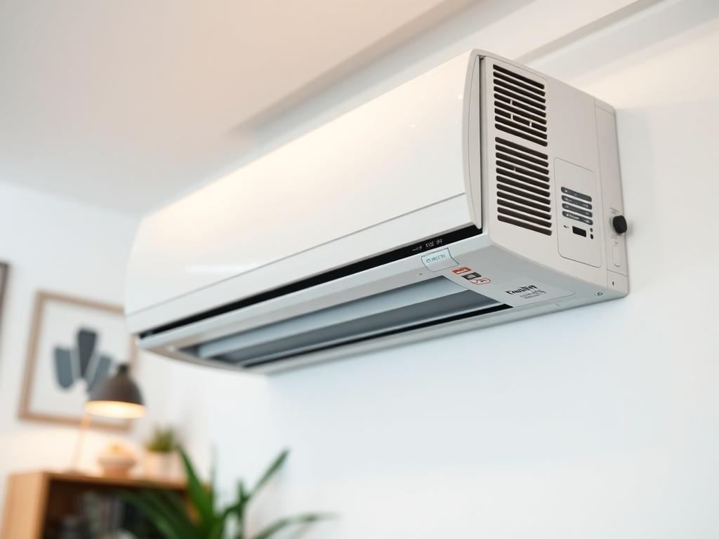 A high-efficiency air conditioning unit installed in a modern home setting, showcasing its sleek design. The focus should be on the unit, highlighting its features such as the vents and control panel. The background should be a well-lit room that gives a sense of comfort and relaxation. Use a hyper-realistic rendering style, with shallow depth of field to emphasize the air conditioner.