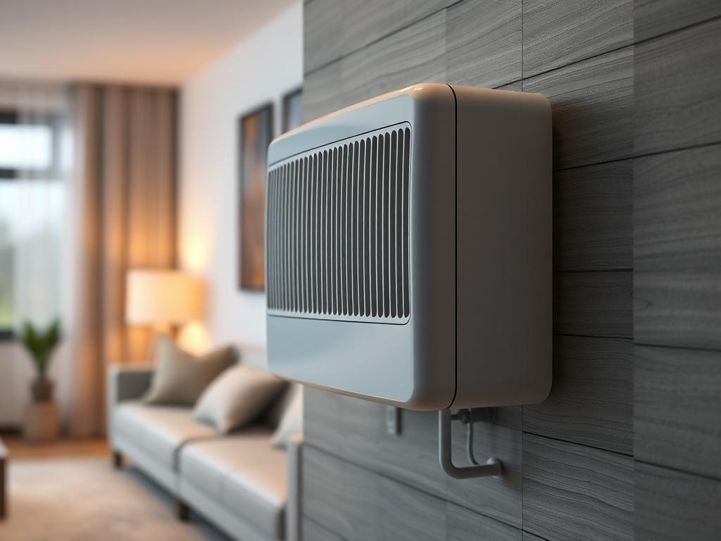 A modern heating system installed in a stylish living room, featuring sleek lines and a compact design. The focus should be on the system, highlighting its functionality and efficiency. The background should be cozy and inviting, with warm lighting to convey comfort. Render in hyper-realistic style, with a shallow depth of field to emphasize the heating unit.