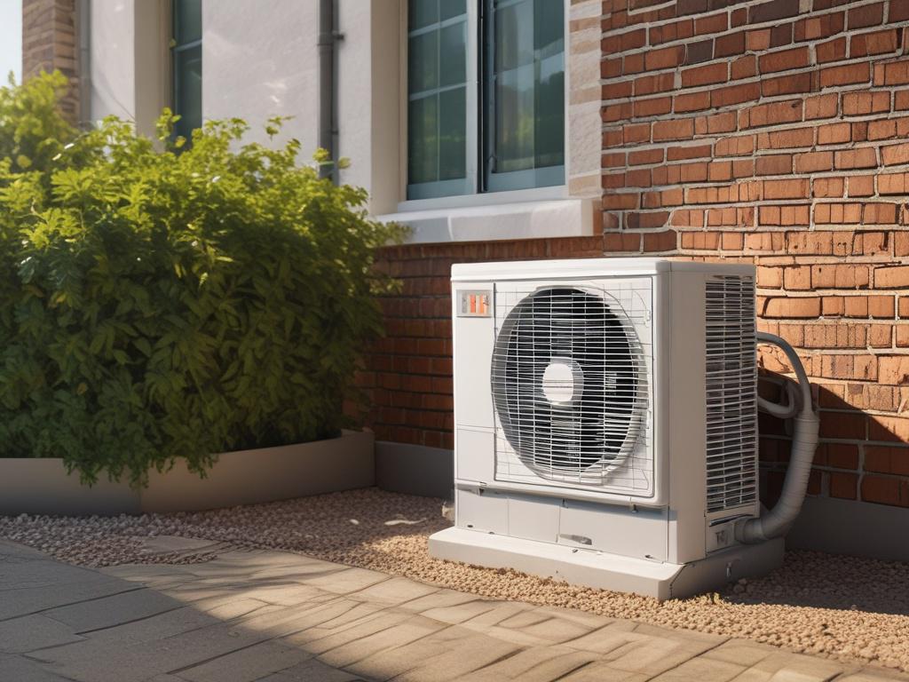 A hyper-realistic image of a Trane Air Conditioner unit installed outside a modern home. The focus should be on the air conditioning unit with a blurred background of a sunny garden. The image should be bright and inviting, showcasing the product's sleek design.