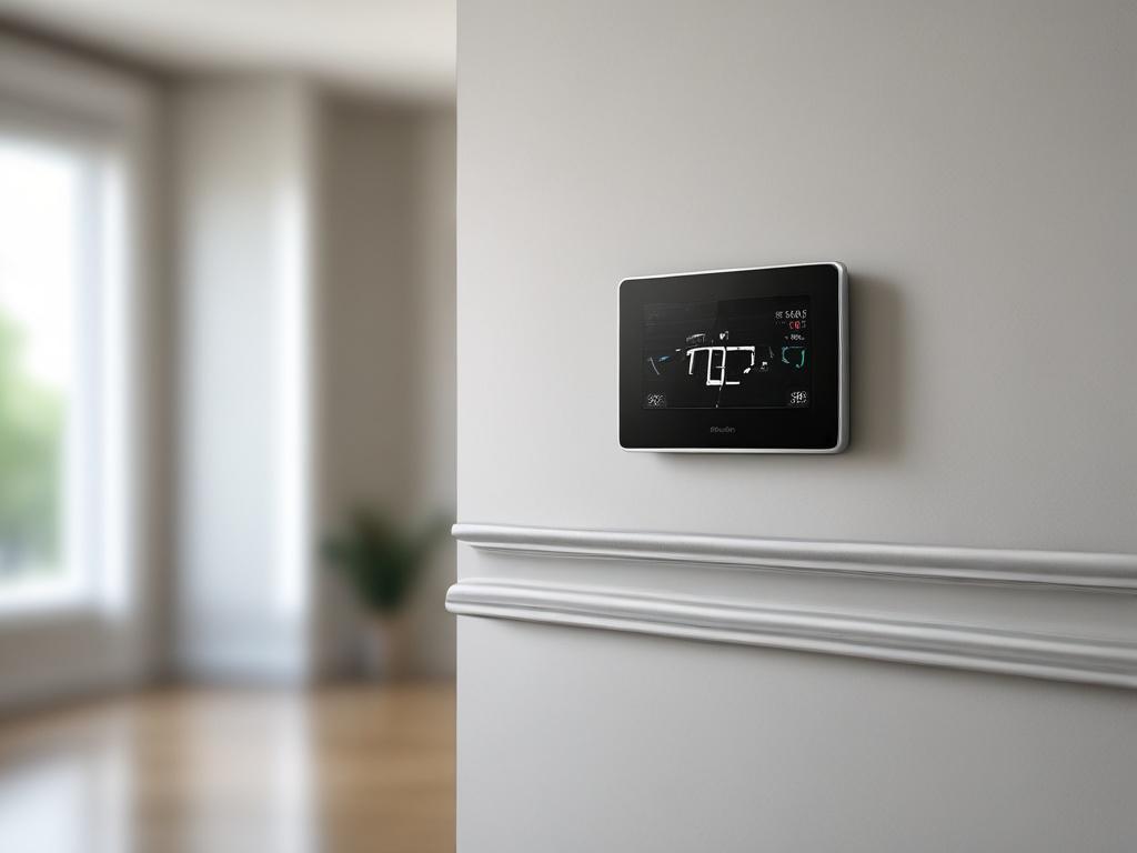 A close-up shot of a modern smart thermostat mounted on a wall in a stylish home environment. The thermostat displays an easy-to-read interface, and the background should feature a well-designed room with a contemporary aesthetic. The image should be hyper-realistic, captured with a 45mm f/1.2 lens to highlight the thermostat's features.