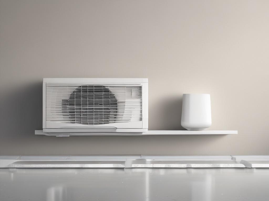 A close-up shot of a modern energy-efficient air conditioning unit installed on a wall, showcasing its sleek design. The background features a well-lit room with neutral colors, emphasizing the unit's aesthetic appeal. The image should be hyper-realistic, captured with a 45mm f/1.2 lens, highlighting the details of the unit.