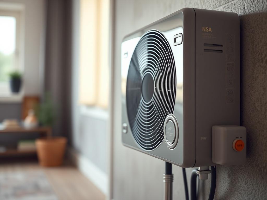 A hyper-realistic close-up shot of a modern high-efficiency heating unit, showcasing its sleek design and intricate details. The background should be a softly lit room, emphasizing the heating unit as the main subject. The photo should capture the unit's features, shot with a 45mm f/1.2 lens style.