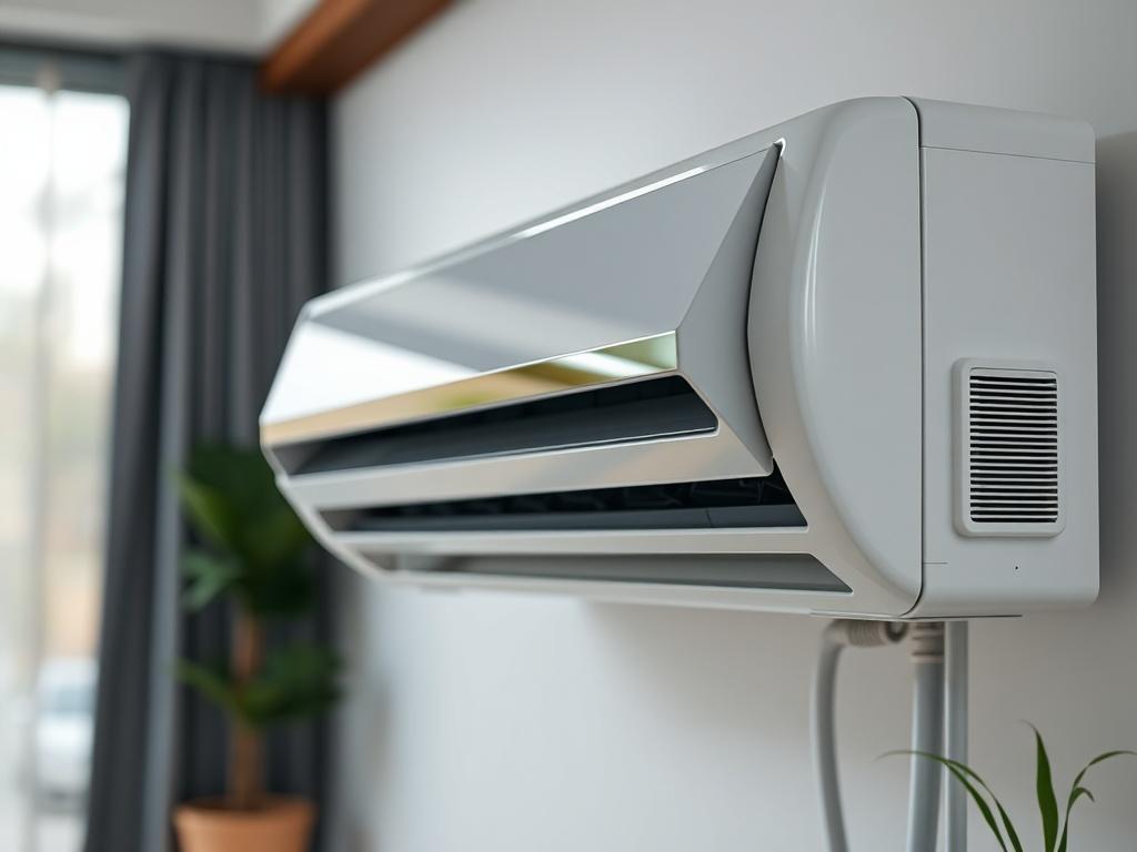 A hyper-realistic close-up shot of a modern energy-efficient air conditioning unit, showcasing sleek design and details. The background should be a blurred home interior, emphasizing the AC unit as the main focus. The lighting should be soft to highlight the unit's features, shot with a 45mm f/1.2 lens style.