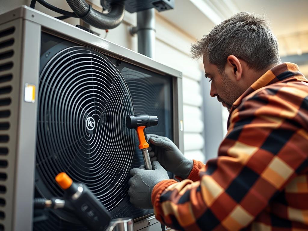 A hyper-realistic close-up shot of a technician performing maintenance on a HVAC system, highlighting tools and the system's components. The background should be a well-lit residential environment, focusing on the technician and the HVAC unit. The photo should capture the details of the work being done, shot with a 45mm f/1.2 lens style.