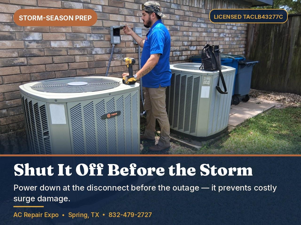 Expo technician shutting off an outdoor AC condenser at the disconnect before a storm in Spring TX