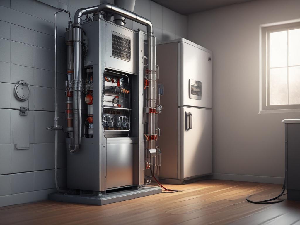 A hyper-realistic close-up shot of a modern gas furnace installed in a utility room. The furnace is sleek and metallic, showcasing its intricate components. The background is softly blurred, highlighting the furnace as the main subject. Soft lighting enhances the features of the furnace, providing a warm and inviting atmosphere.