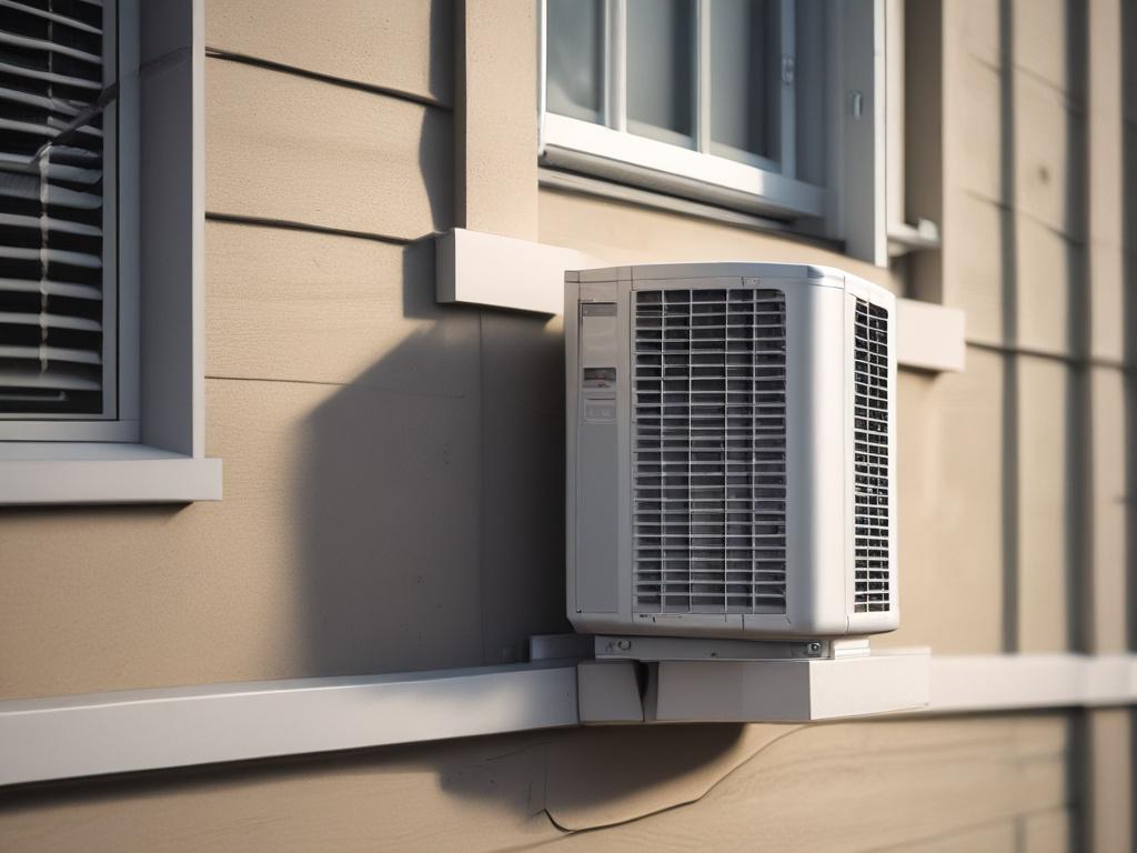 A hyper-realistic close-up shot of a high-efficiency air conditioner unit installed on a modern home exterior. The unit is sleek and shiny, reflecting natural light. The background features a clear blue sky and a few clouds, emphasizing the freshness of the air. The focus is on the air conditioning unit, showcasing its design and features, with a blurred background to highlight the subject.