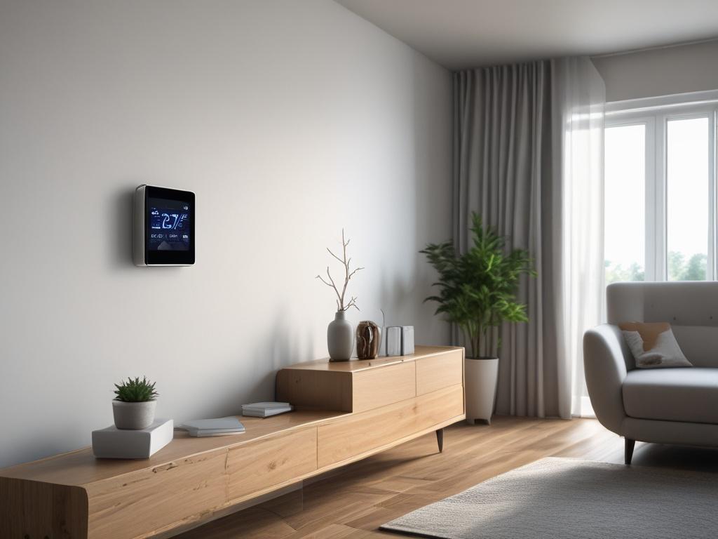 A hyper-realistic close-up shot of a smart thermostat mounted on a modern living room wall. The thermostat displays a vibrant screen with temperature settings. The background features a tastefully decorated room with subtle colors, enhancing the contemporary feel. The focus is on the thermostat, highlighting its design and functionality.