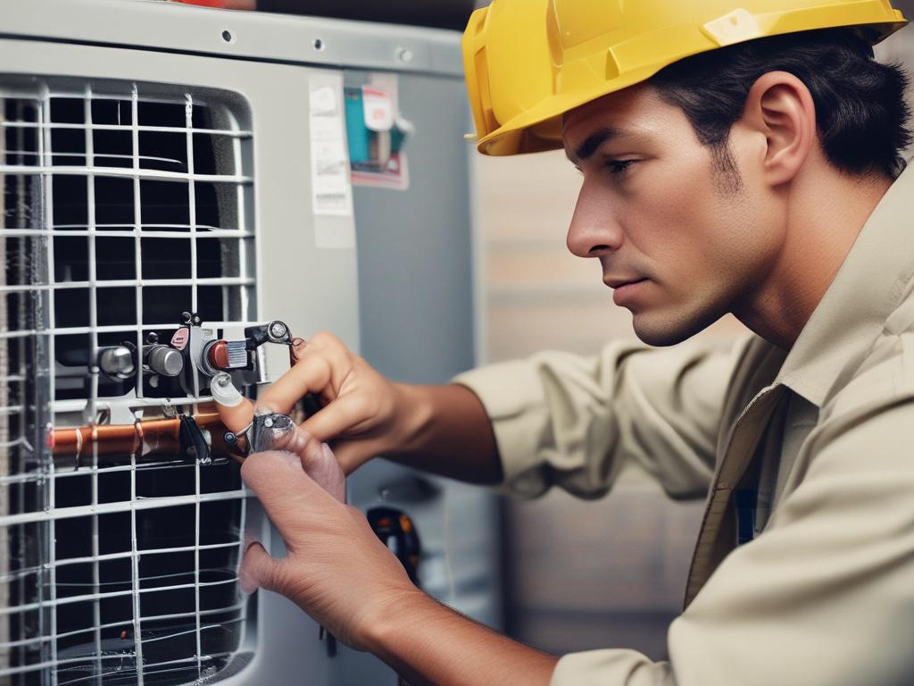 A hyper-realistic close-up shot of a licensed HVAC technician diagnosing an AC unit in a residential setting in Harmony, Spring TX. The technician is wearing a uniform, focused on the AC unit, with tools in hand. The background shows a well-maintained home environment with greenery, emphasizing a clean and professional atmosphere. The image is vibrant and sharp, showcasing the technician's expertise and the reliability of Expo Heating & Cooling Inc.