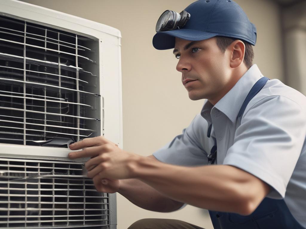 A hyper-realistic close-up shot of a licensed HVAC technician expertly working on an air conditioning unit. The technician is in a professional uniform, showing focus and expertise. The background is slightly blurred, emphasizing the technician and the AC unit, with a clean and organized work environment. The color scheme includes elements that complement the RGB(2, 86, 197) primary color.