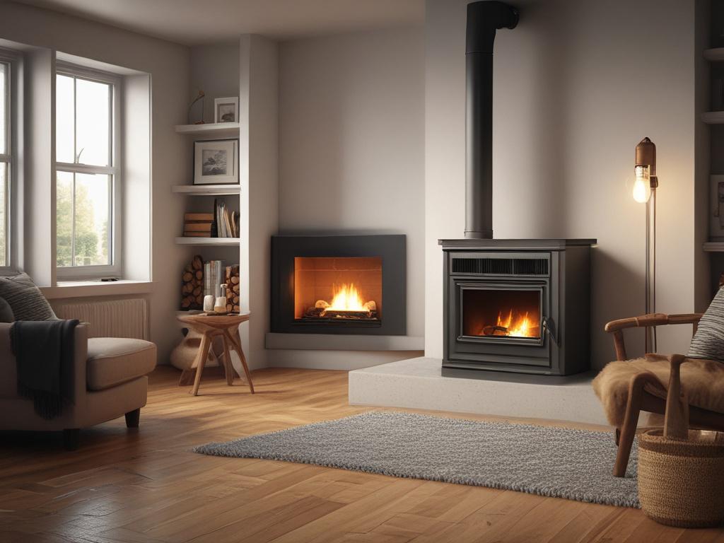 A close-up shot of a high-efficiency furnace installed in a home setting, highlighting its modern design and features. The background should be softly lit, showcasing a cozy living space with a warm atmosphere. The image should be hyper-realistic, shot with a 45mm f/1.2 lens to capture intricate details.