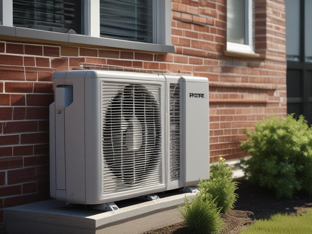 A close-up shot of a modern energy-efficient air conditioning unit installed outside a beautiful home in Gleannloch Farms. The focus should be on the sleek design of the AC unit, with a vibrant green lawn and a well-maintained home background, under a clear blue sky. The image should capture the essence of quality HVAC installation, showcasing the professional standard of Expo Heating & Cooling Inc.