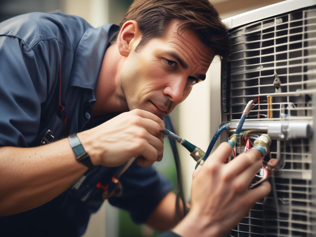 A realistic high-resolution close-up shot of a skilled HVAC technician working on a Trane air conditioning unit, showcasing meticulous attention to detail. The technician, wearing a branded uniform, is focused on checking the system's components in a well-lit, clean environment. The background features a modern home setting, with a hint of the outdoors visible through a window. The overall tone of the image should reflect professionalism and trust, with a color palette that complements the rgb(2, 86, 197) p