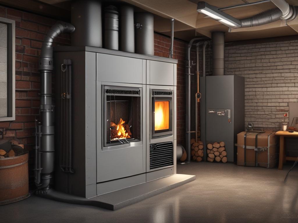 A modern furnace system installed in a basement or utility area. The focus is on the furnace itself, showcasing its robust design and features. The background displays a clean, organized space, emphasizing functionality and efficiency. The image should be hyper-realistic, captured with a 45mm f/1.2 lens.