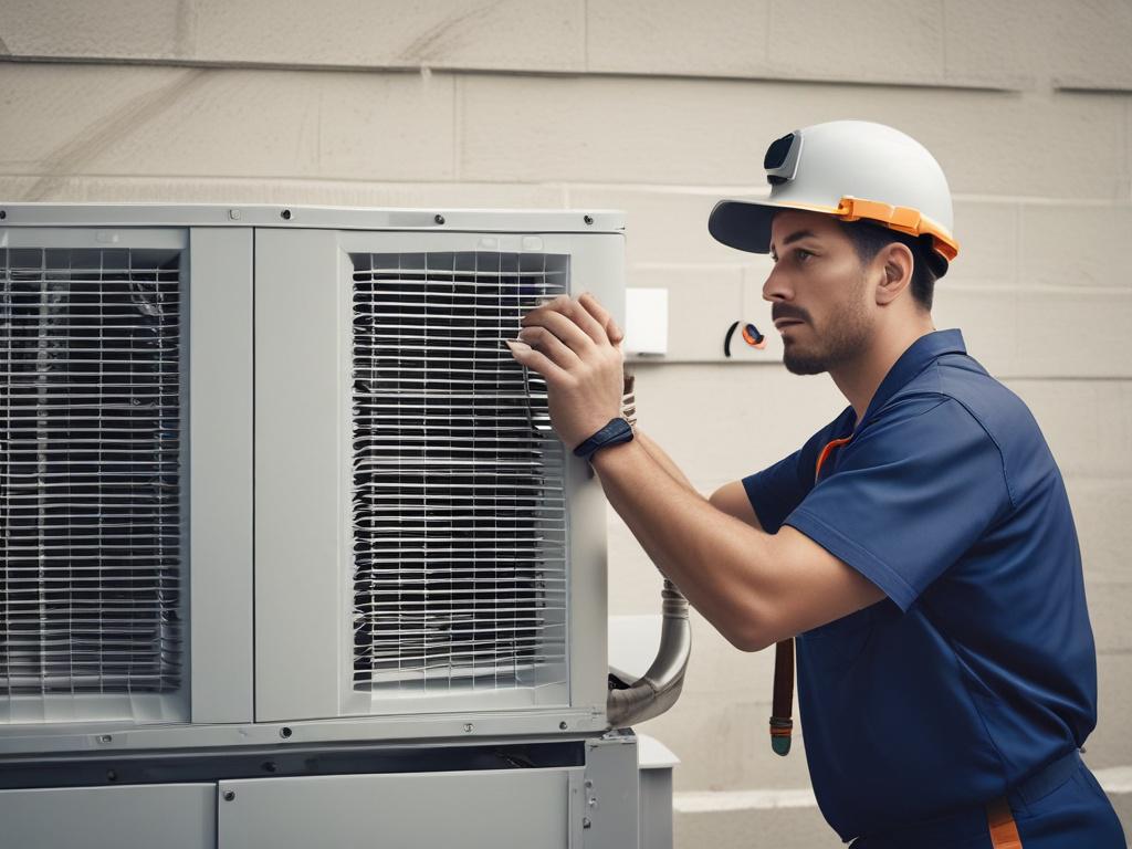 A hyper-realistic close-up shot of an HVAC technician expertly installing a modern air conditioning unit. The technician wears a professional uniform, showcasing a focused expression. The background features a clean and well-maintained home environment with subtle hints of greenery, emphasizing a comfortable atmosphere. The image is shot with a 45mm f/1.2 lens style to create a soft blur effect in the background, highlighting the technician and the air conditioning unit.