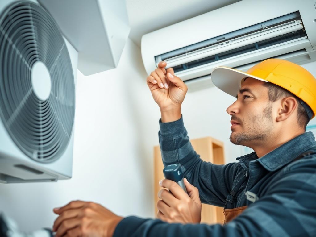 A close-up shot of a skilled HVAC technician working on a modern heating and cooling system in a home. The technician is focused and using tools to ensure the system is installed correctly. The background shows a clean and organized workspace, with clear indications of HVAC components and tools. The overall composition is professional, capturing the essence of quality service and expertise.