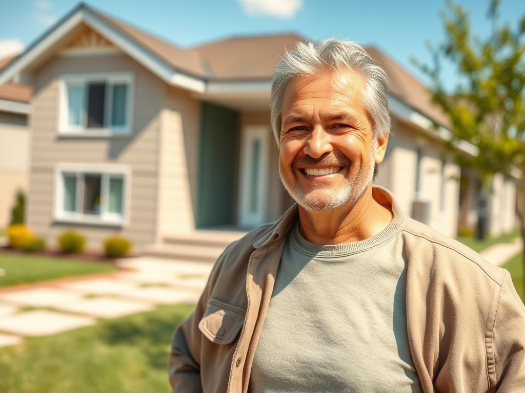 Create a highly detailed, realistic high-resolution photo that captures the essence of customer satisfaction with HVAC services. The composition should be simple and clear, featuring a smiling, happy homeowner standing in front of their modern, well-maintained home. The subject should exude warmth and contentment, showcasing the peace of mind that comes from choosing a reliable HVAC service. 

In the background, include a clear sky and a glimpse of a beautiful suburban neighborhood with green lawns and tidy