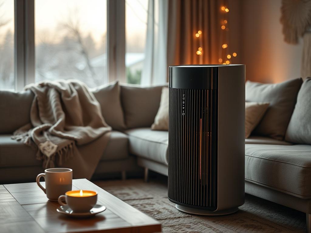 **Prompt for AI Image Generator:**

Create a realistic high-resolution photo featuring a close-up shot of a modern indoor air purifier positioned in a cozy Texas home setting during winter. The air purifier should be sleek, stylish, and illuminated to suggest that it is in use, emphasizing its role in improving indoor air quality. 

In the background, depict a warm and inviting living room space with soft, neutral colors. Include elements like a light gray sofa draped with a soft throw blanket, a wooden cof
