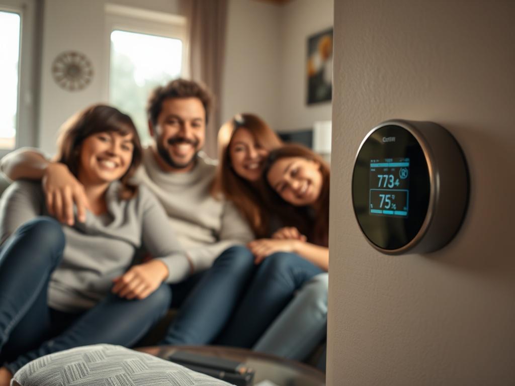 A close-up shot of a happy family enjoying a comfortable home environment, with a cozy living room setting showcasing a modern thermostat and heating system, bright natural light streaming through the windows, focusing on warmth and relaxation.