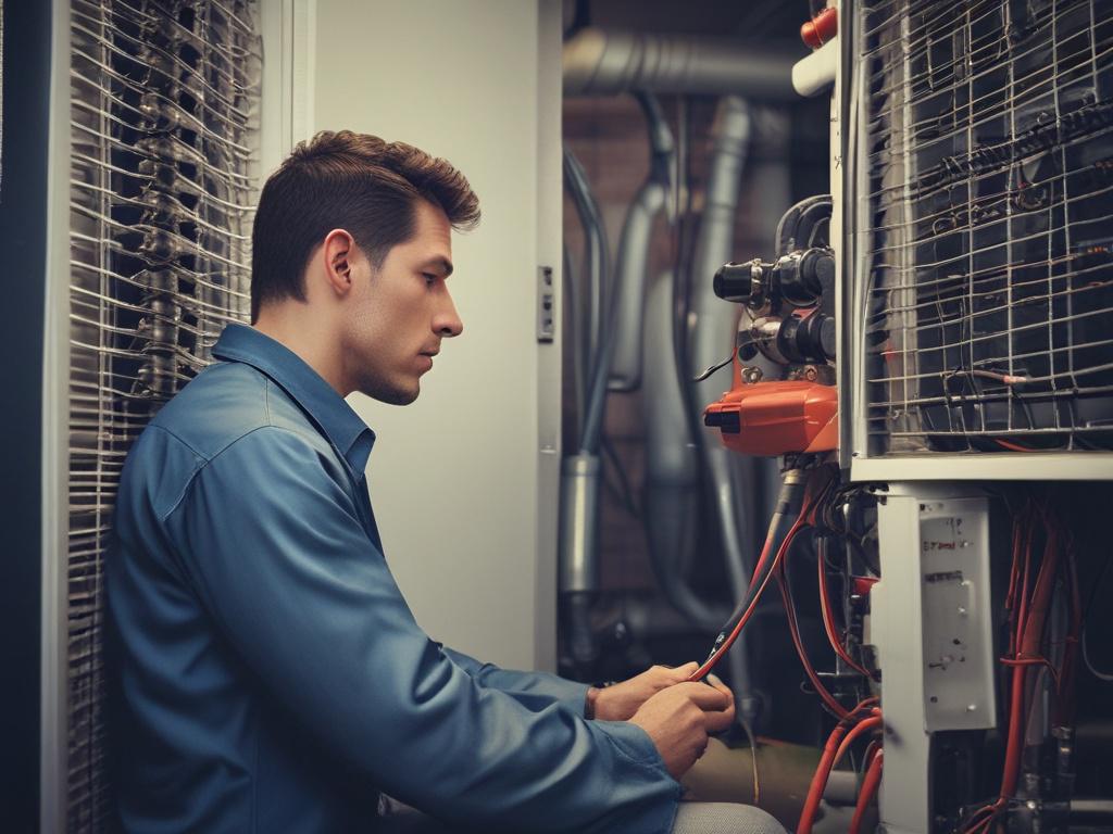 A close-up shot of a technician diagnosing an HVAC system issue. The technician is intently examining the unit, with tools and diagnostic equipment nearby. The background is a well-lit, clean environment, showcasing the HVAC unit in focus. The image emphasizes the technician’s professionalism and expertise in handling repairs, ensuring clarity and detail.