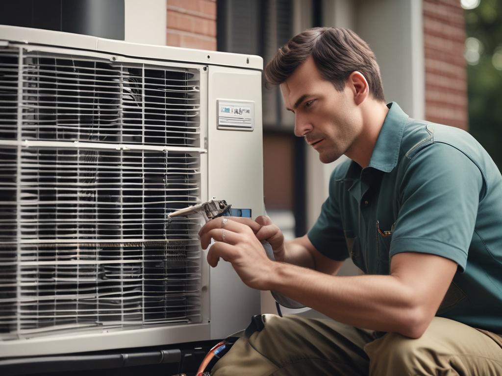 A close-up shot of a skilled HVAC technician performing AC repair on an air conditioning unit in a residential setting. The technician is focused and working diligently, wearing safety gear. The background shows a well-maintained outdoor area with a clear blue sky, emphasizing a sense of reliability and professionalism. The image is rendered in hyper-realistic quality, capturing every detail, and is compatible with the rgb(2, 86, 197) primary color.