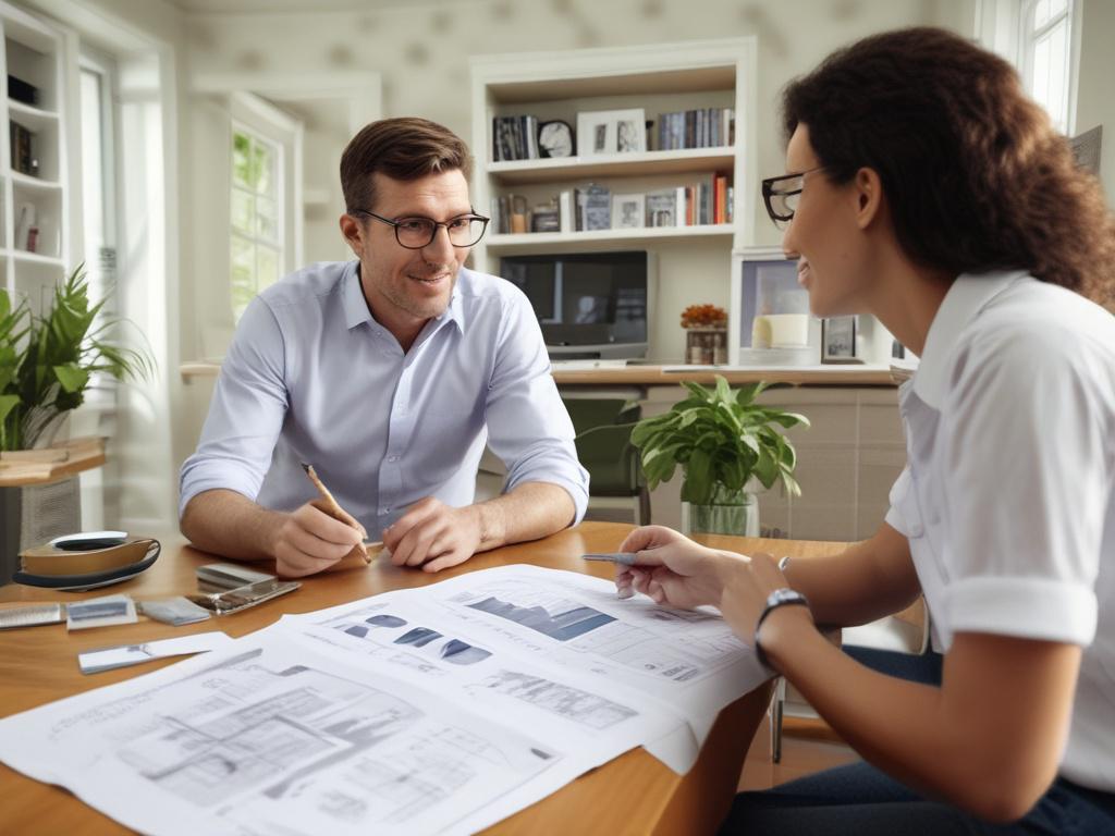 A close-up shot of a consultant discussing energy efficiency options with a homeowner. The consultant is showing a digital report or brochure, with charts and graphs visible. The setting is a cozy home environment, with a focus on the interaction between the consultant and homeowner. The image conveys a sense of collaboration and expertise, making it engaging and relatable.