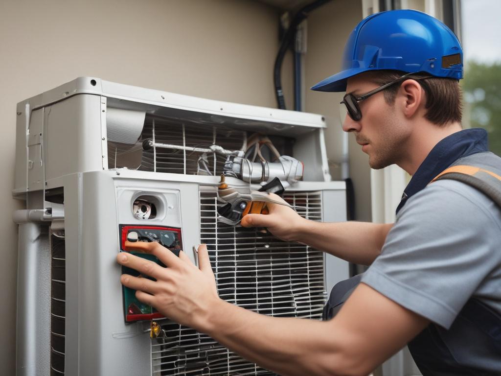 A close-up shot of a professional technician installing an HVAC unit in a home setting. The technician is focused on the installation process, wearing safety gear, and using tools. The background shows a well-lit, modern home interior, emphasizing cleanliness and professionalism. The colors are vibrant, with a focus on the technician and the HVAC unit, ensuring that the image is sharp and detailed.