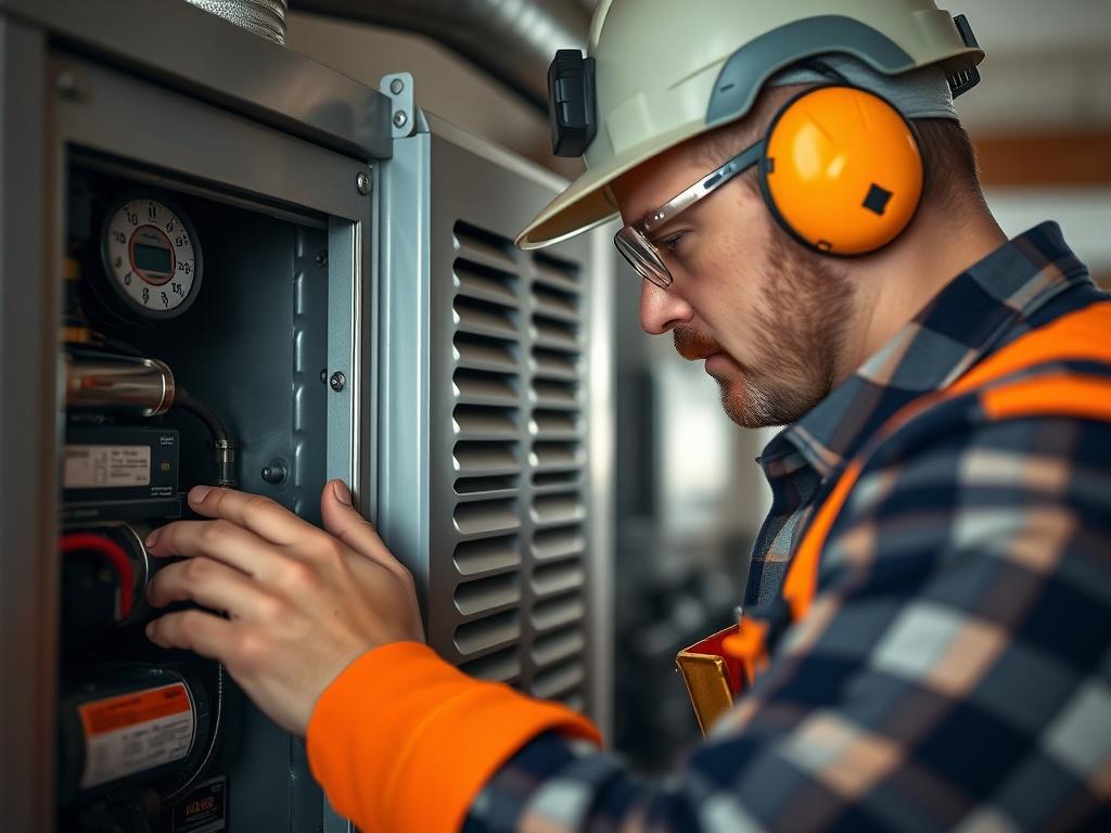 A close-up shot of a licensed HVAC technician inspecting a furnace, wearing safety gear and focused on the task, showcasing professionalism and attention to detail in a home setting.