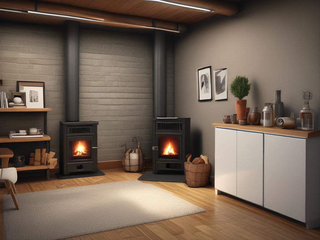 A high-resolution close-up shot of an energy-efficient furnace installed in a modern basement. The image highlights the sleek design of the furnace, with a warm, inviting glow in the background that suggests a comfortable living space. Captured with a 45mm f/1.2 lens style to emphasize the furnace's details.