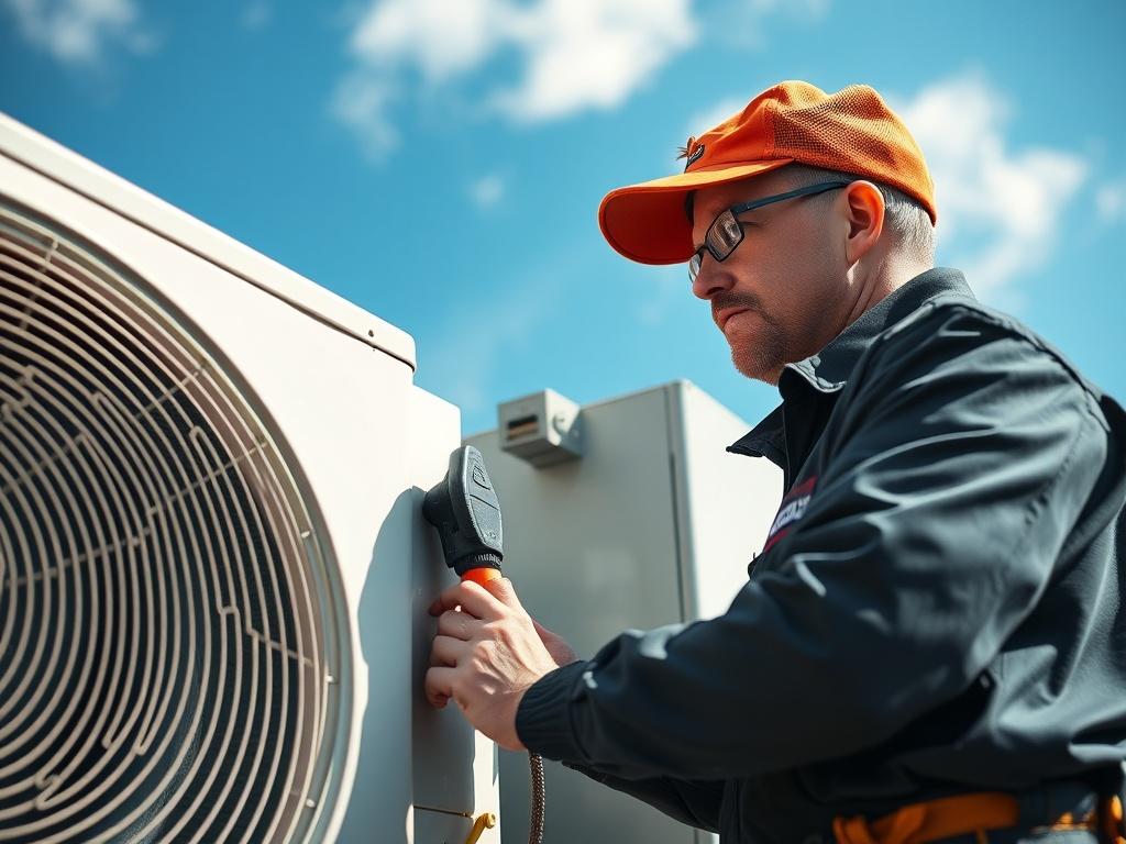 A close-up shot of a skilled HVAC technician inspecting an air conditioning unit, showcasing their attention to detail and professionalism. The background should be a bright, sunny day with clear blue skies, emphasizing a positive and efficient work environment. The technician should be wearing a branded uniform, focusing intently on the equipment, with tools neatly arranged nearby. Capture the essence of quality service and expertise in heating and cooling.